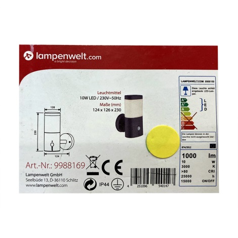 Lampenwelt - LED udendørslampe med sensor LED/10W/230V IP44