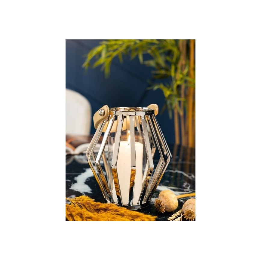 Lanterne GEOM 21 cm skinnende krom/brun