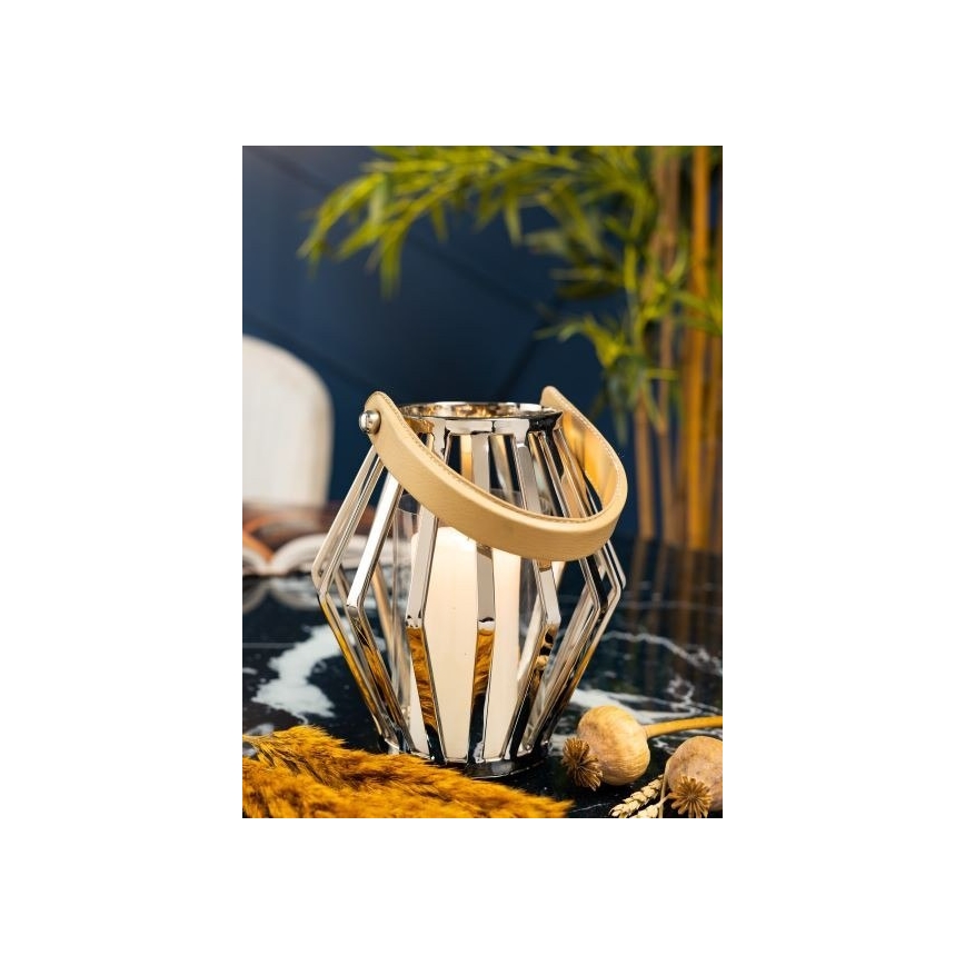 Lanterne GEOM 21 cm skinnende krom/brun