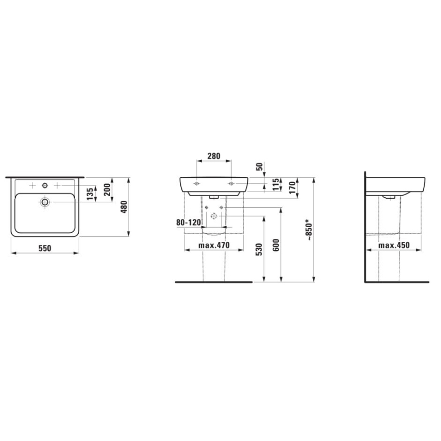 LAUFEN H8189510001041 - Bordmonteret håndvask/væghængt PRO 55x48 cm keramik/hvid