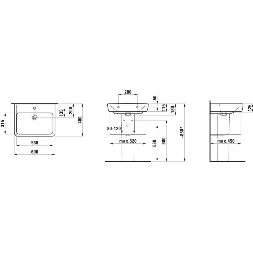 LAUFEN H8189520001041 - Bordmonteret håndvask/væghængt PRO 60x48 cm keramik/hvid