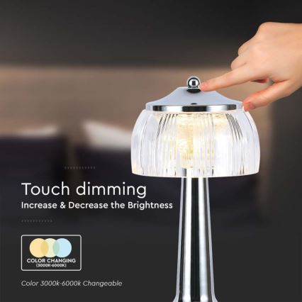 Genopladelig LED bordlampe m. touch-funktion dæmpbar LED/1W/5V 3000-6000K 1800 mAh skinnende krom