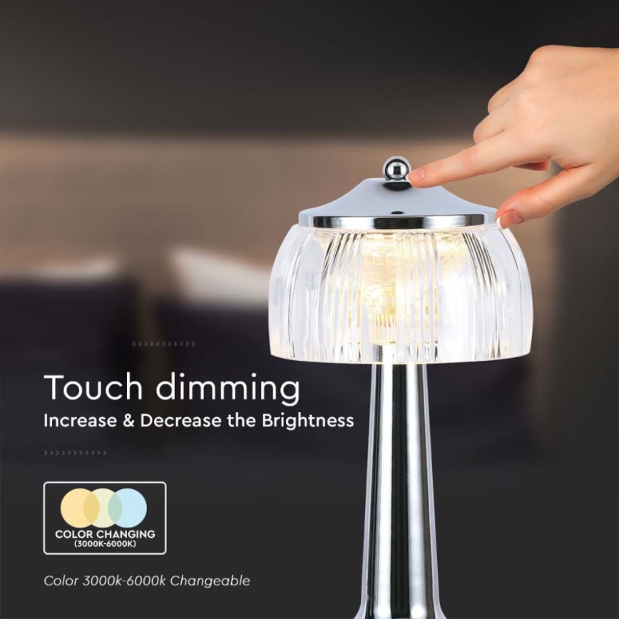 Genopladelig LED bordlampe m. touch-funktion dæmpbar LED/1W/5V 3000-6000K 1800 mAh skinnende krom