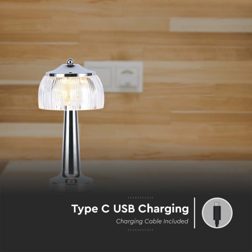 Genopladelig LED bordlampe m. touch-funktion dæmpbar LED/1W/5V 3000-6000K 1800 mAh skinnende krom