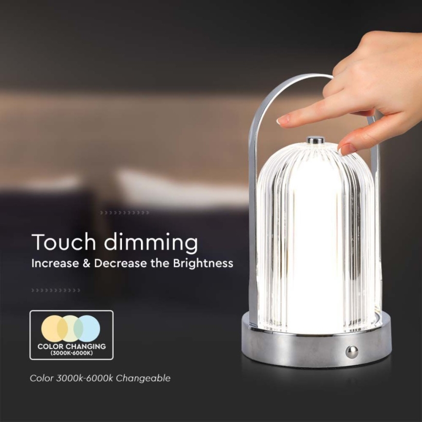 Genopladelig LED bordlampe m. touch-funktion dæmpbar LED/1W/5V 3000-6000K 1800 mAh mat krom