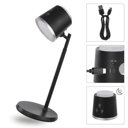 LED bordlampe dæmpbar og genopladelig 4-i-1 LED/6W/3,7V 3000K/4000K/6500K 1500mAh sort