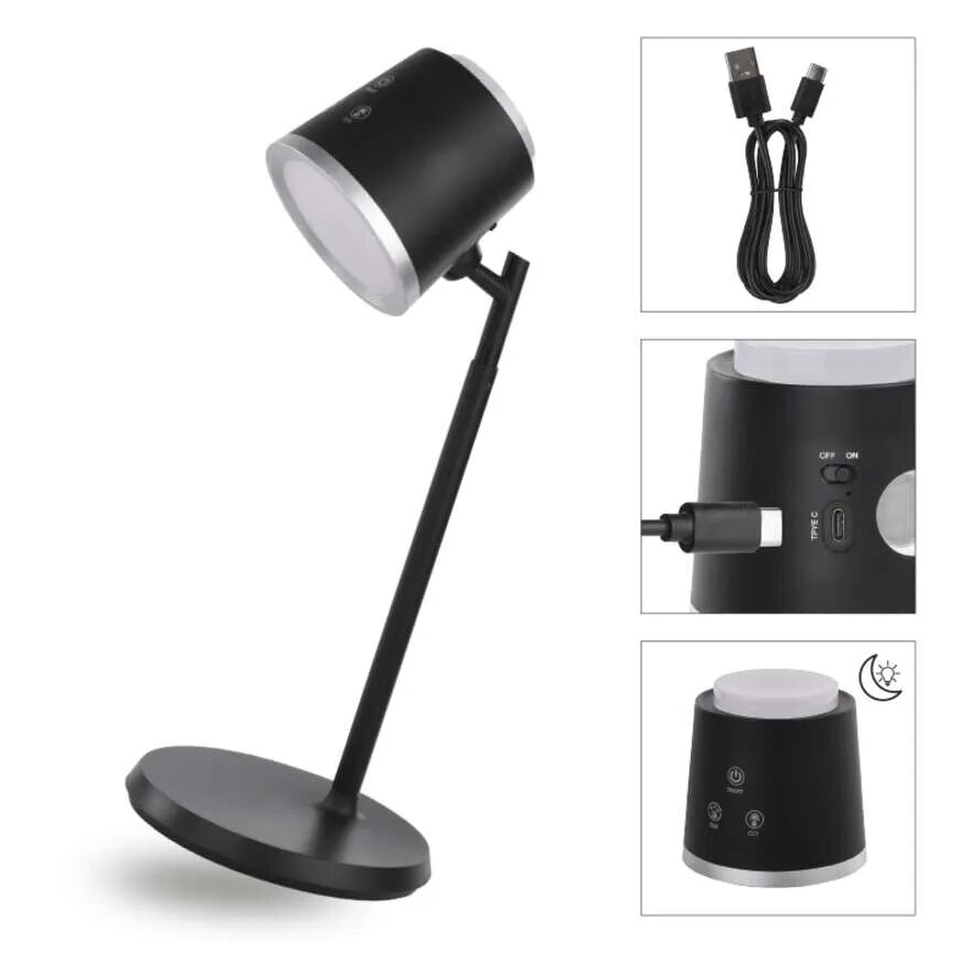 LED bordlampe dæmpbar og genopladelig 4-i-1 LED/6W/3,7V 3000K/4000K/6500K 1500mAh sort