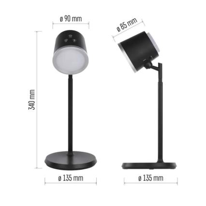 LED bordlampe dæmpbar og genopladelig 4-i-1 LED/6W/3,7V 3000K/4000K/6500K 1500mAh sort
