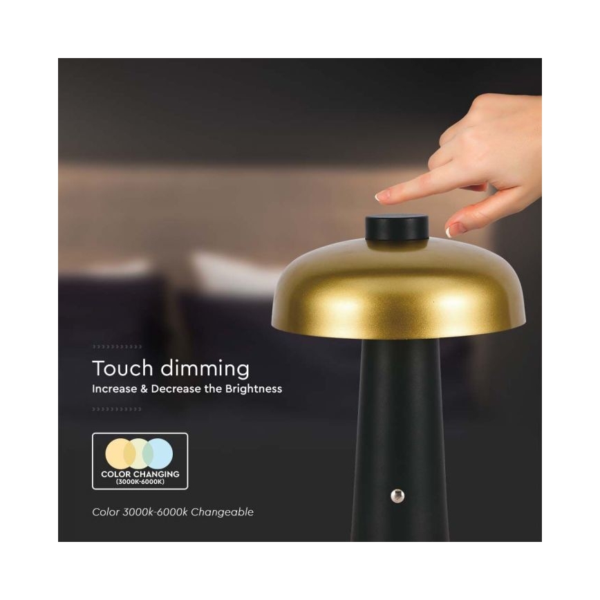 LED Genopladelig bordlampe m. touch-funktion dæmpbar LED/3W/5V 3000-6000K 1800 mAh sort/guldfarvet