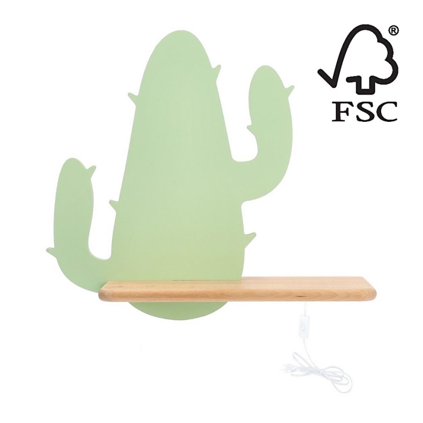 LED Børnevæglampe med hylde CACTUS LED/4W/230V grøn/træ,
