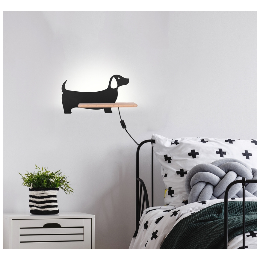 LED Børnevæglampe med hylde DOG LED/5W/230V sort/træ,