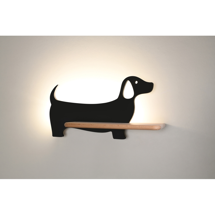 LED Børnevæglampe med hylde DOG LED/5W/230V sort/træ,