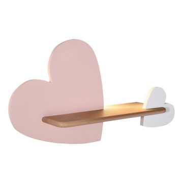 LED Børnevæglampe med hylde HEART LED/5W/230V pink/hvid/træ,