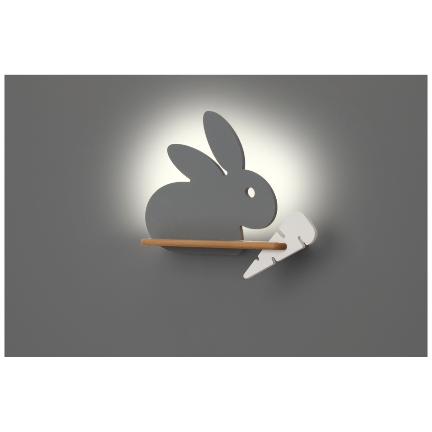 LED Børnevæglampe med hylde RABBIT LED/4W/230V grå/hvid/træ,