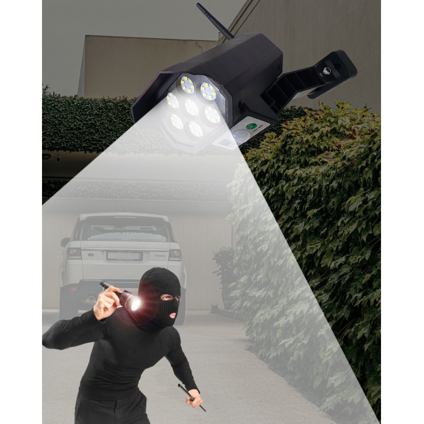 LED Dummy-sikkerhedskamera med sensor soldrevet LED/3,7V 1200 mAh IP44 sort + fjernbetjening