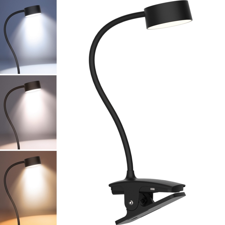 LED Dæmpbar fleksibel genopladelig bordlampe med klemme LED/2W/1800 mAh 3000/4000/6500K sort