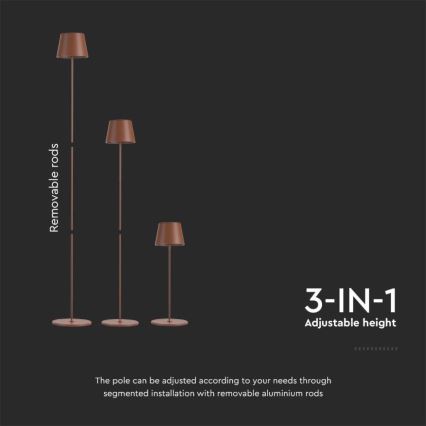 LED Dæmpbar Genopladelig Gulvlampe 3-i-1 LED/4W/5V 4400 mAh 3000K IP54 Brun