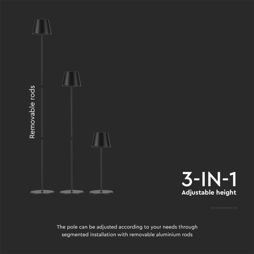LED Dæmpbar Genopladelig Gulvlampe 3-i-1 LED/4W/5V 4400 mAh 3000K IP54 Sort