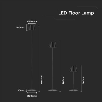 LED Dæmpbar Genopladelig Gulvlampe 3-i-1 LED/4W/5V 4400 mAh 3000K IP54 Sort