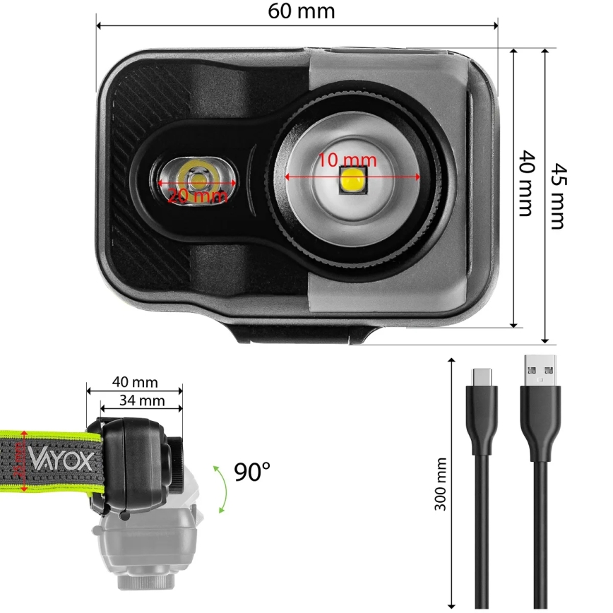 LED-dæmpbar genopladelig pandelampe LED/10W/5V/3xAAA IP66 800 lm 1000 mAh