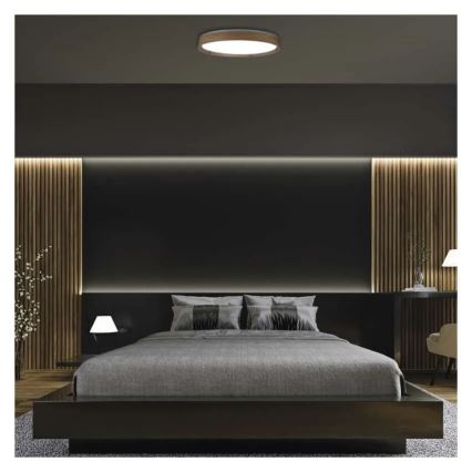 Dæmpbar LED-loftlampe ILVI, 45 W, 230 V, 2700–6500 K, Ø 50 cm, i trælook + fjernbetjening