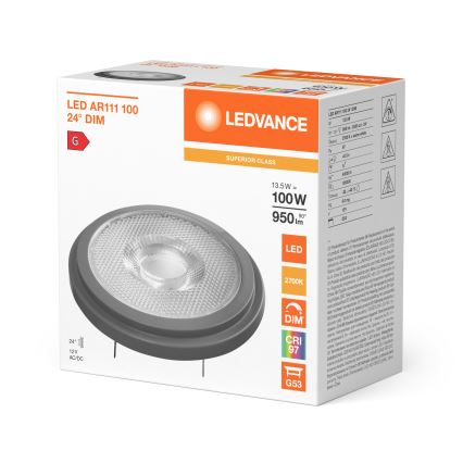 LED-dæmpbar pære AR111 G53/13,5W/12V 2700K 24° CRI 97 - Ledvance