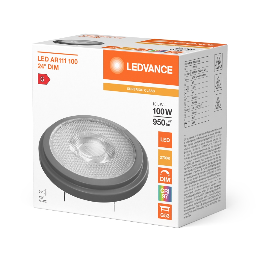 LED-dæmpbar pære AR111 G53/13,5W/12V 2700K 24° CRI 97 - Ledvance