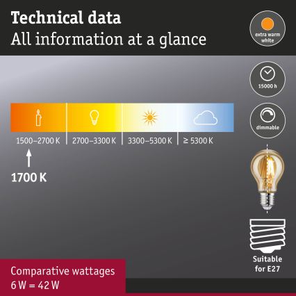 LED-dæmpbar pære FILAMENT E27/6W/230V 1700K - Paulmann 28522