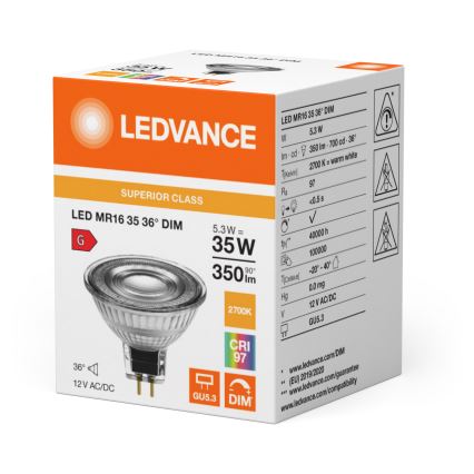 LED-dæmpbar reflektorpære MR16 GU5,3/5,3W/12V 2700K 36° CRI 97 - Ledvance
