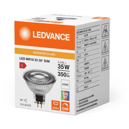 LED dæmpbar reflektorpære MR16 GU5,3/5,3W/12V 4000K 36° CRI 97 - Ledvance