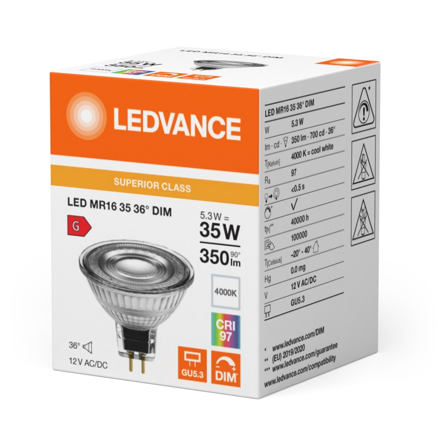LED dæmpbar reflektorpære MR16 GU5,3/5,3W/12V 4000K 36° CRI 97 - Ledvance