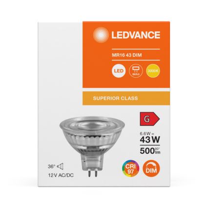 LED-dæmpbar reflektorpære MR16 GU5,3/6,6W/12V 3000K 36° CRI 97 - Ledvance