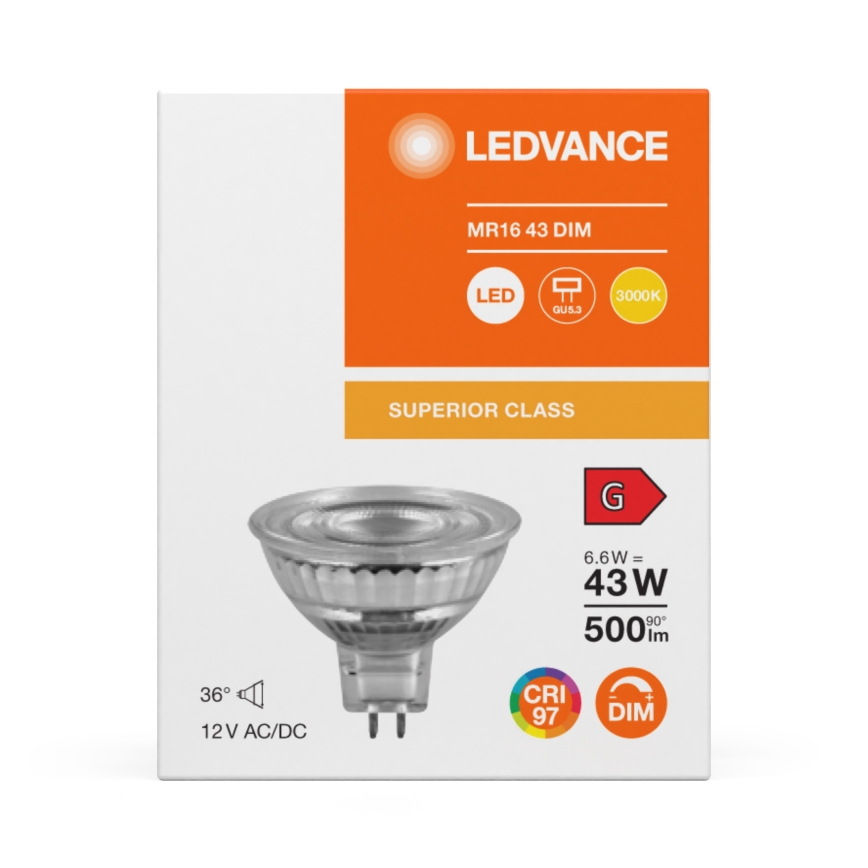 LED-dæmpbar reflektorpære MR16 GU5,3/6,6W/12V 3000K 36° CRI 97 - Ledvance