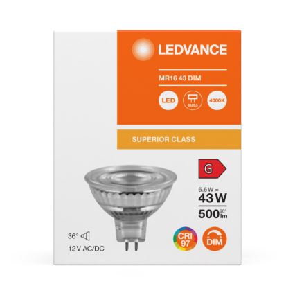 LED dæmpbar reflektorpære MR16 GU5,3/6,6W/12V 4000K 36° CRI 97 - Ledvance