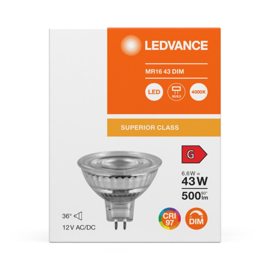 LED dæmpbar reflektorpære MR16 GU5,3/6,6W/12V 4000K 36° CRI 97 - Ledvance