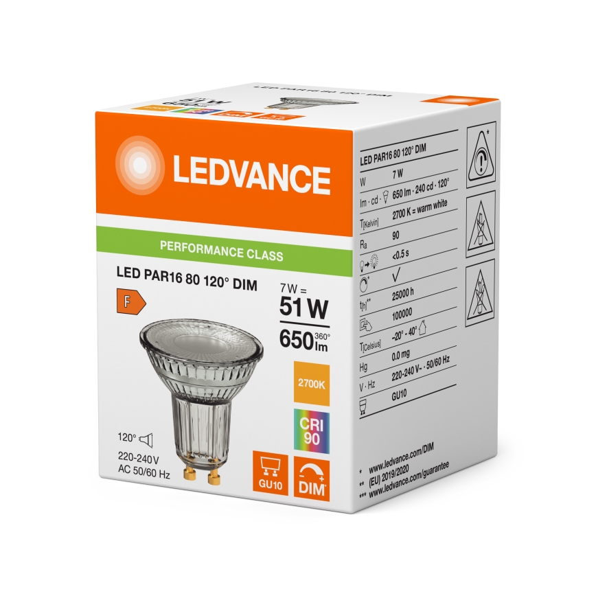 LED dæmpbar reflektorpære PAR16 GU10/7W/230V 2700K 120° CRI 90 - Ledvance
