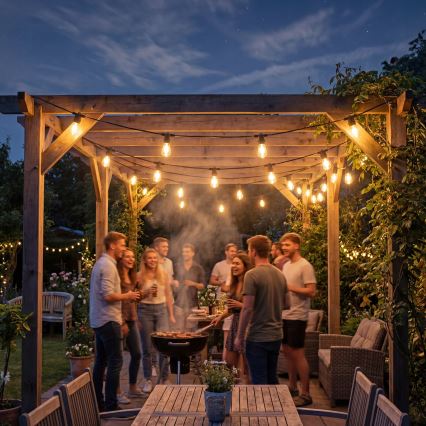 LED Dæmpbar solcelledrevet dekorativ lyskæde 10xE27/0,3W/3/5V USB 2400 mAh 10,62 m IP65 sort + fjernbetjening