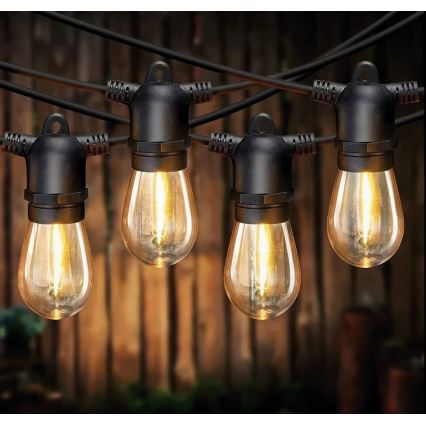 LED Dæmpbar solcelledrevet dekorativ lyskæde 10xE27/0,3W/3/5V USB 2400 mAh 10,62 m IP65 sort + fjernbetjening