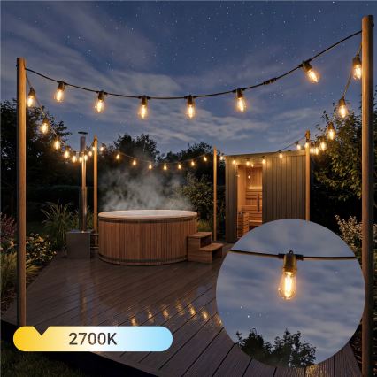 LED Dæmpbar solcelledrevet dekorativ lyskæde 10xE27/0,3W/3/5V USB 2400 mAh 10,62 m IP65 sort + fjernbetjening