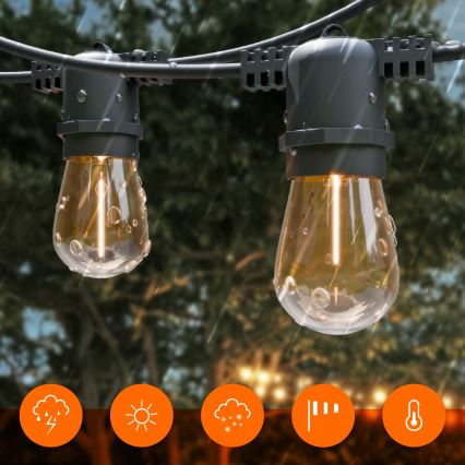 LED Dæmpbar solcelledrevet dekorativ lyskæde 10xE27/0,3W/3/5V USB 2400 mAh 10,62 m IP65 sort + fjernbetjening