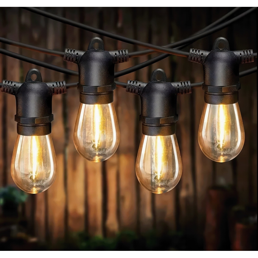 Dæmpbar LED solcelledrevet dekorationslyskæde 20xE27/0,3W/3/5V USB 2400 mAh 20,62 m IP65 sort + fjernbetjening