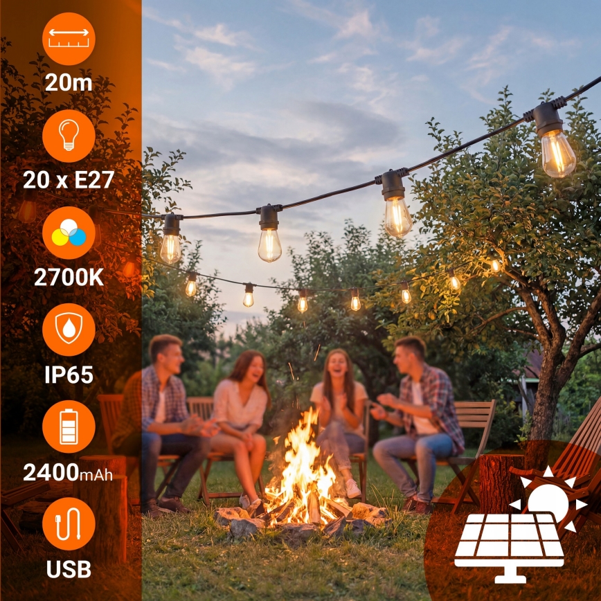 Dæmpbar LED solcelledrevet dekorationslyskæde 20xE27/0,3W/3/5V USB 2400 mAh 20,62 m IP65 sort + fjernbetjening