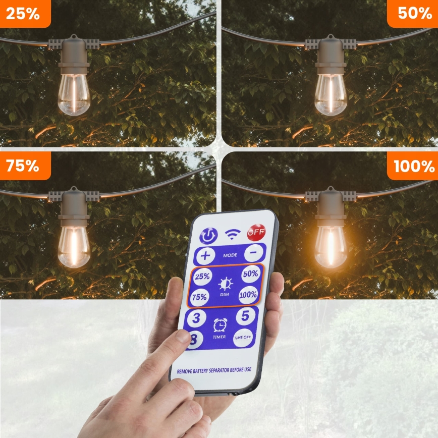 Dæmpbar LED solcelledrevet dekorationslyskæde 20xE27/0,3W/3/5V USB 2400 mAh 20,62 m IP65 sort + fjernbetjening