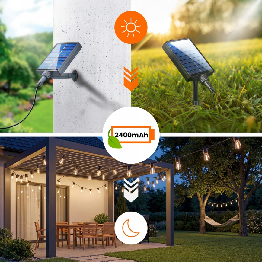 Dæmpbar LED solcelledrevet dekorationslyskæde 20xE27/0,3W/3/5V USB 2400 mAh 20,62 m IP65 sort + fjernbetjening