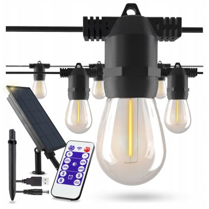 Dæmpbar LED solcelledrevet dekorationslyskæde 20xE27/0,3W/3/5V USB 2400 mAh 20,62 m IP65 sort + fjernbetjening