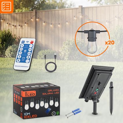 Dæmpbar LED solcelledrevet dekorationslyskæde 20xE27/0,3W/3/5V USB 2400 mAh 20,62 m IP65 sort + fjernbetjening
