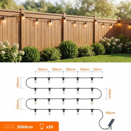 Dæmpbar LED solcelledrevet dekorationslyskæde 20xE27/0,3W/3/5V USB 2400 mAh 20,62 m IP65 sort + fjernbetjening