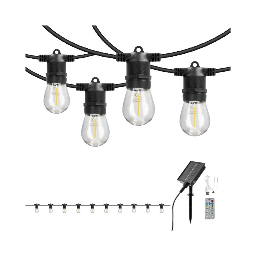 LED dæmpbar solcelledrevet dekorativ lyskæde STARLIGHT NEO 10xE27/3,7V 2700K IP54 1200 mAh 11,5m + fjernbetjening