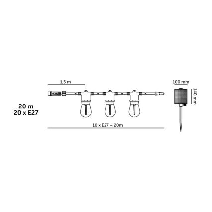 LED dæmpbar solcelledrevet dekorativ lyskæde STARLIGHT NEO 20xE27/3,7V 2700K IP54 2400 mAh 21,5m + fjernbetjening