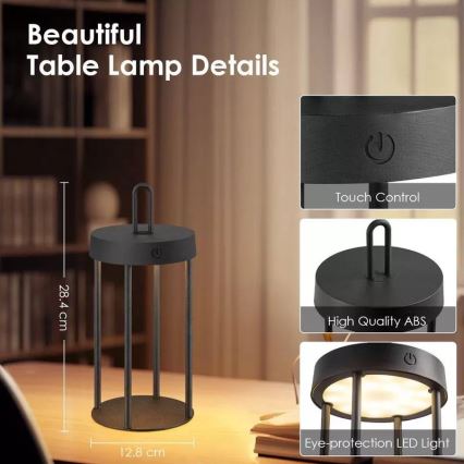 LED Dæmpbar udendørs genopladelig berøringsbetjent bordlampe GENTLE LED/1,5W/3,7V 3000 mAh IP44 sort